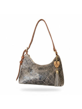 Vintage Gray Grey Floral Embossed Tooled Artisan LEATHER Shoulder Bag Purse